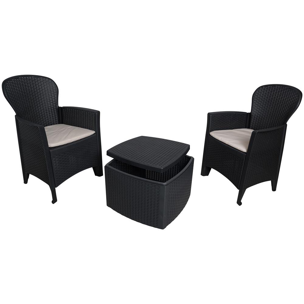 DMORA Set Da Giardino Con Cuscini 2 Poltrone E 1 Tavolino Contenitore Da Esterno Color Antracite