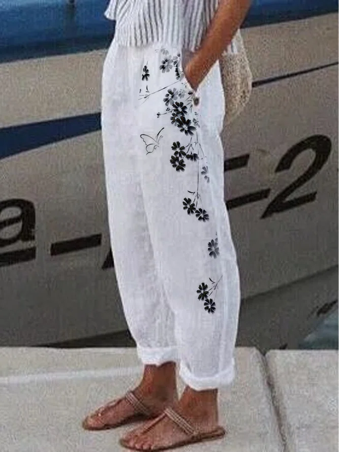 Casual Floral Cotton Blends P...