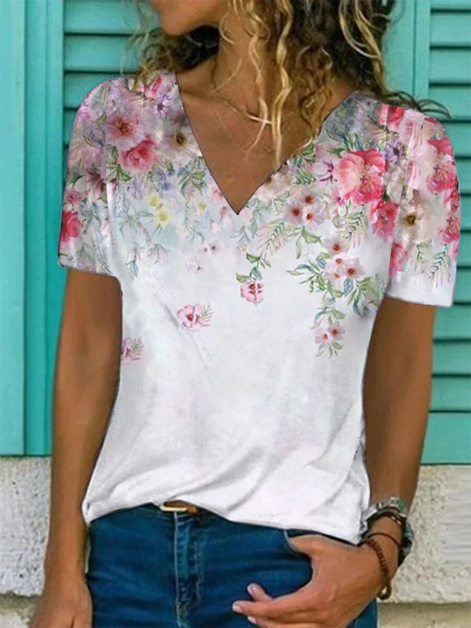Neck Floral Causal T-Shirt/Te...