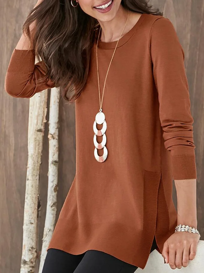 Round Neck Solid Causal Tunic...