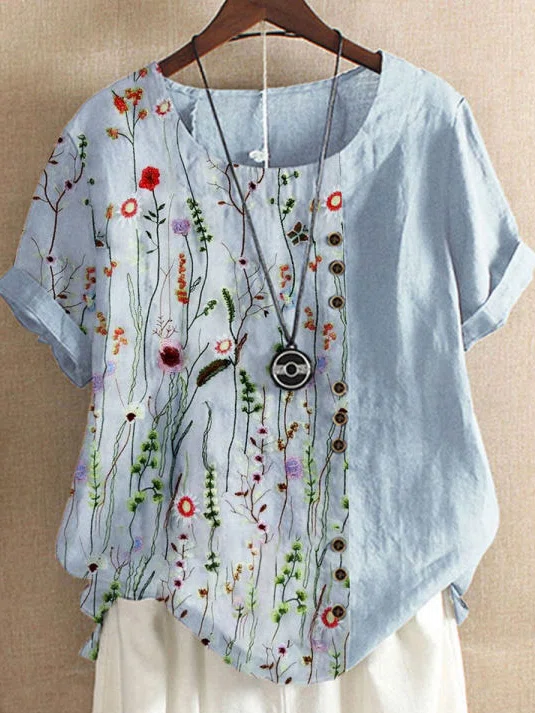 Casual Linen Floral Short Sle...