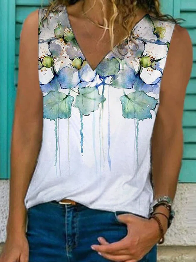 Cotton-Blend Casual Floral T-...