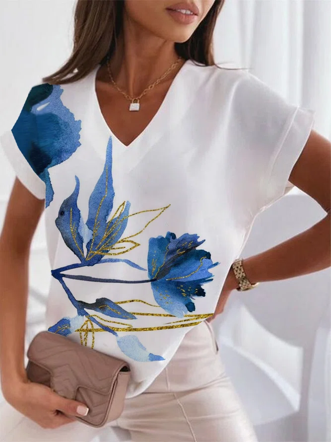 V Neck Casual Short Sleeve To...
