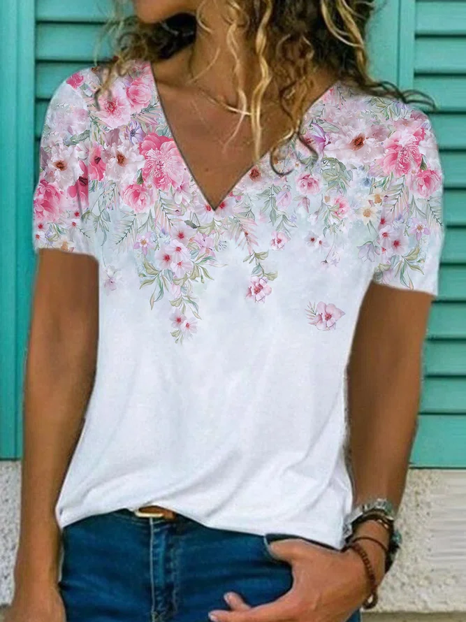 Neck Floral Causal T-Shirt/Te...