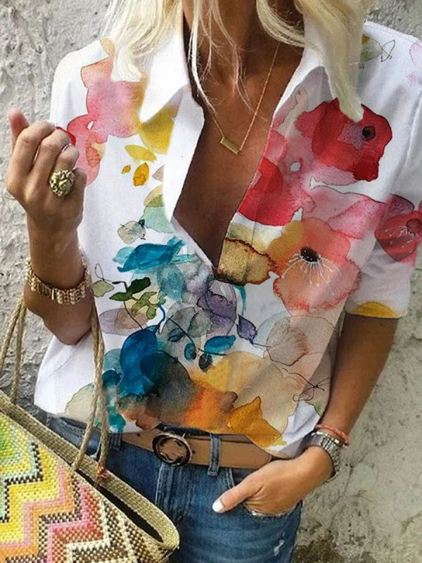 Casual Floral Print V-neck Bl...