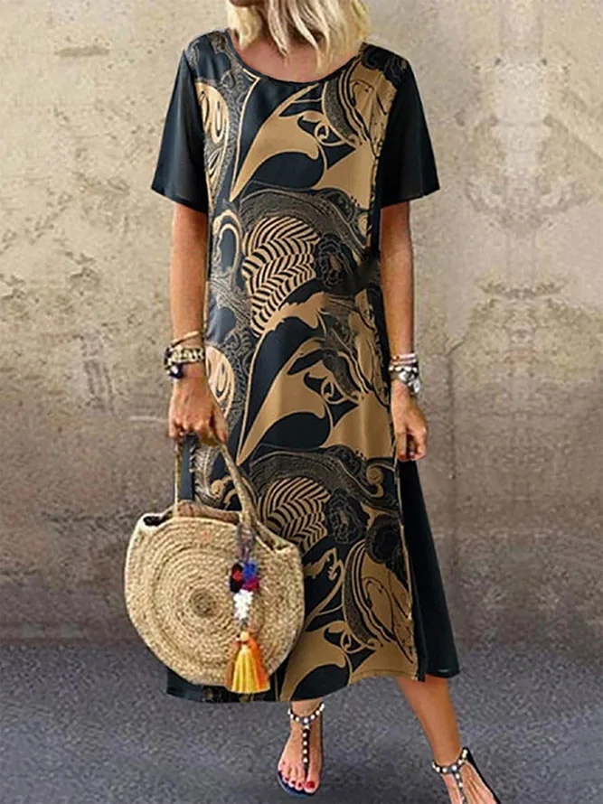 Short Sleeve Round Neck Midi ...