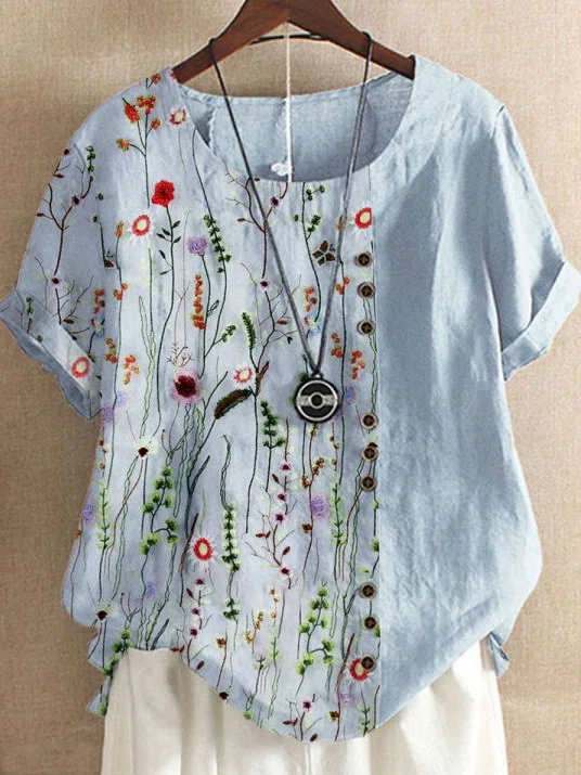 Casual Linen Floral Short Sle...