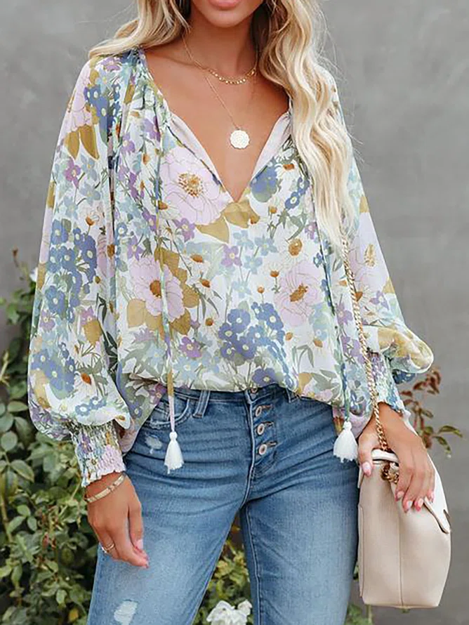 Sleeve V-neck Loose Printed S...