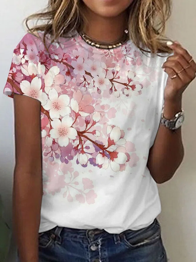 Neck Floral Short Sleeve T-Sh...