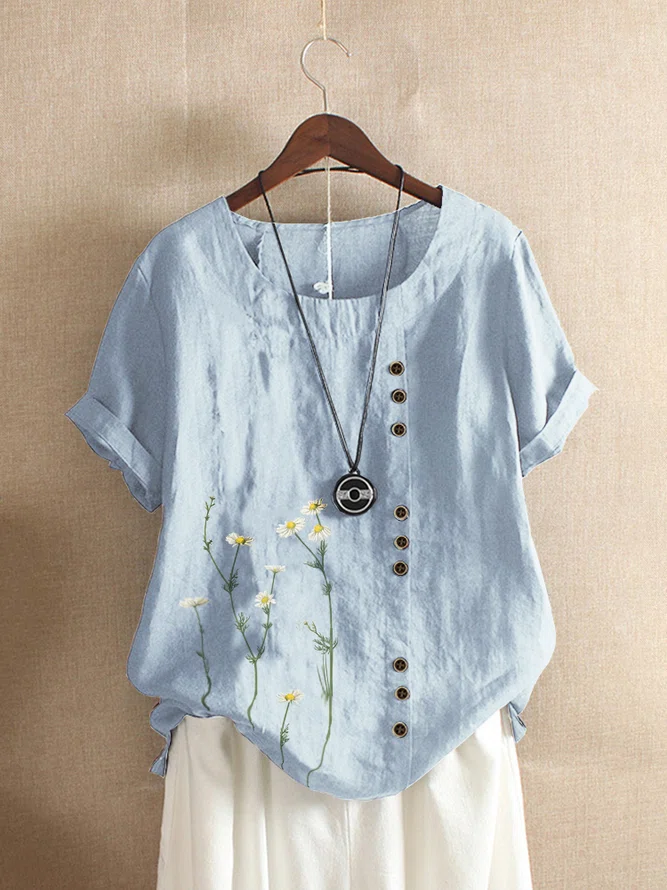 Round Neck Floral Casual T-Sh...
