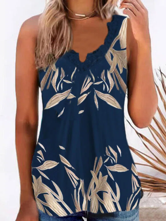 Lace V-Neck Sleeveless Tank T...