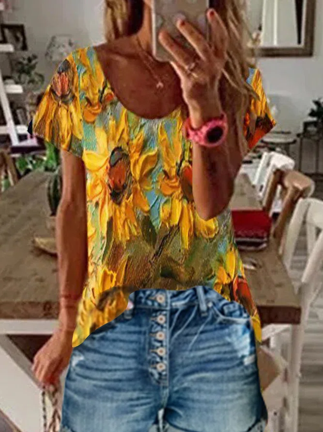 Neck Sunflowers Causal T-Shir...