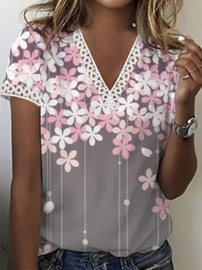 Neck Floral Short Sleeve T-Sh...