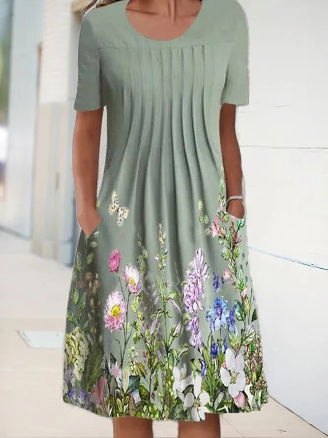 Neck Floral Causal Midi Dress...