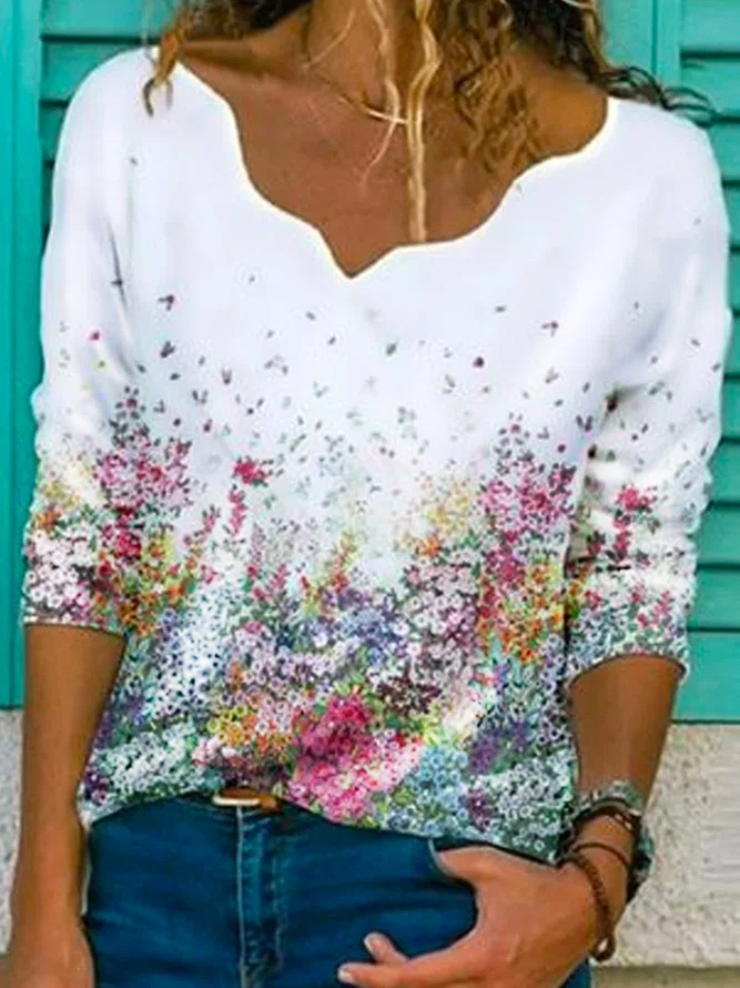 Scallop V Neck Floral Casual ...