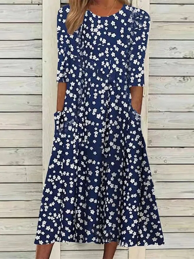 Neck Floral Casual Midi Dress...