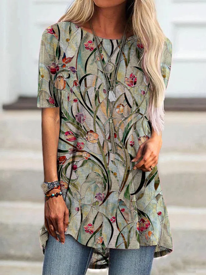 Round Neck Floral Causal Tuni...