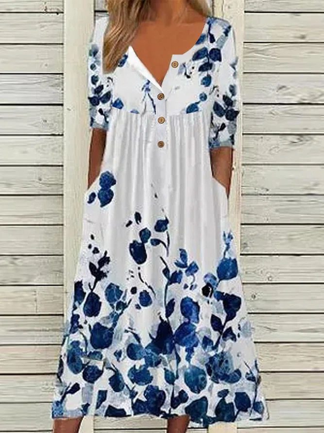 Button Floral Vacation Midi D...