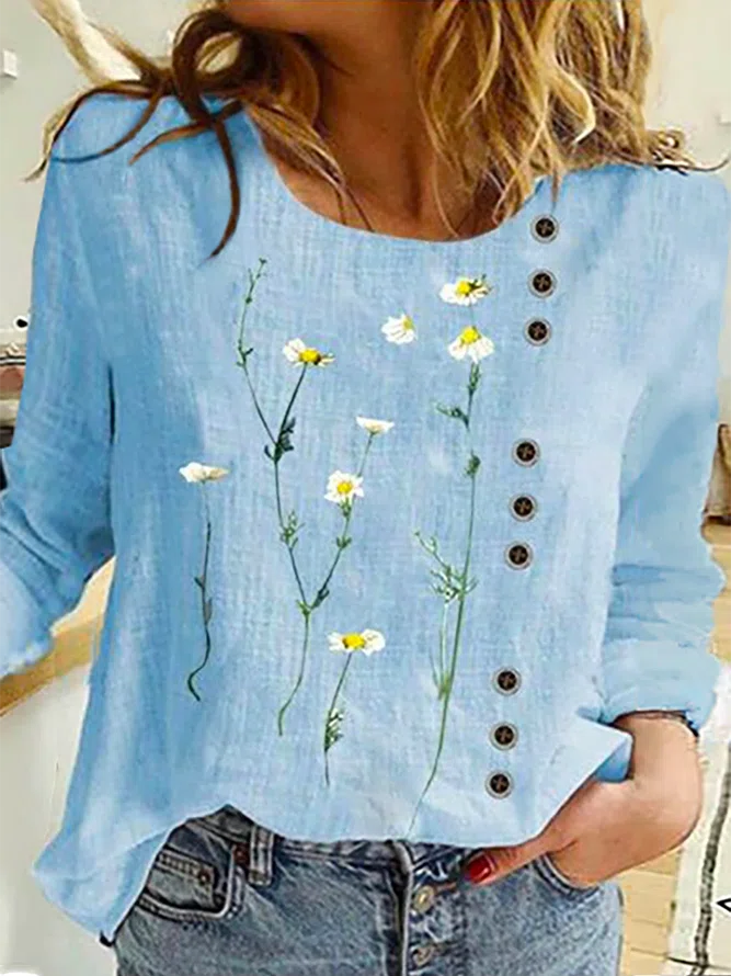 Floral Buttoned Casual T-Shir...