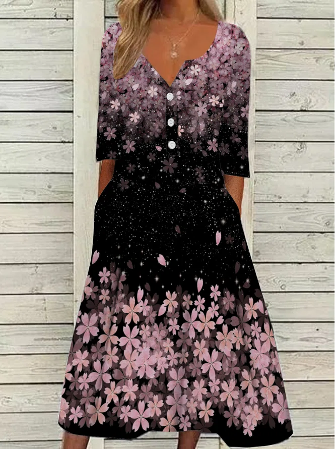 Neck Floral Vacation Midi Dre...