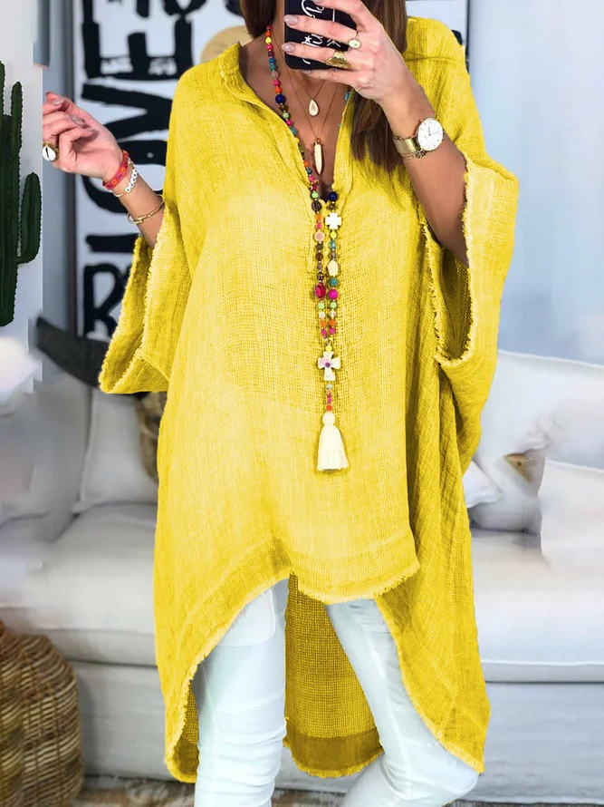 Sleeve Plain Boho High-Low Bl...