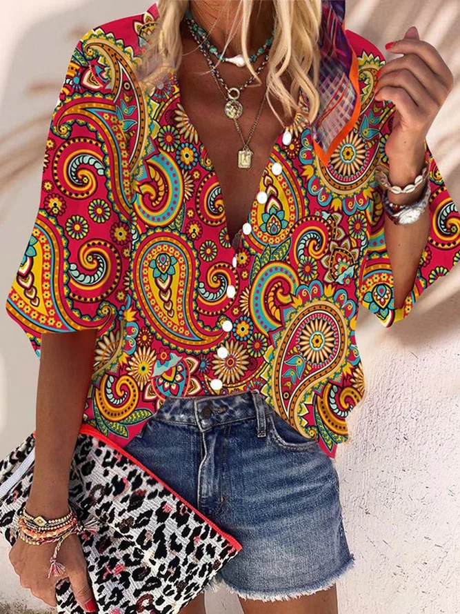 Neck Tribal Loosen Casual Shi...