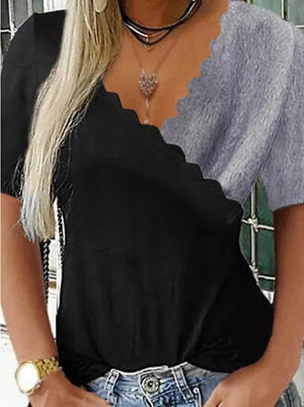 V Neck Colorblock Casual Blou...