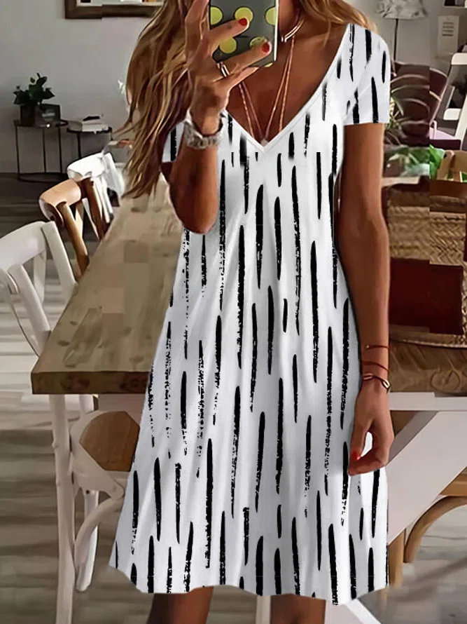 V Neck Short Sleeve Woven Dre...