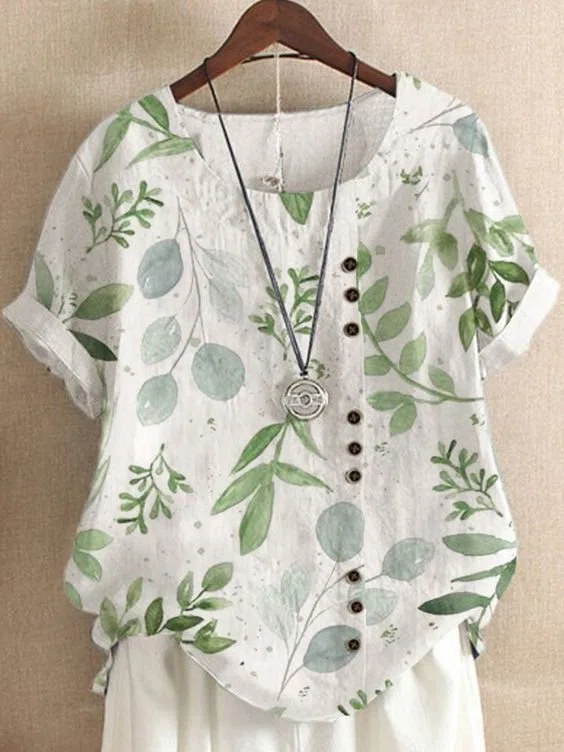 Neck Leaves Buttoned Casual B...