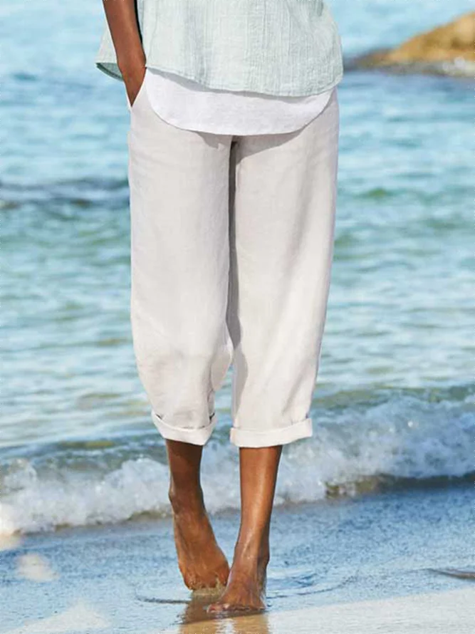 Summer Linen Casual Solid Pan...
