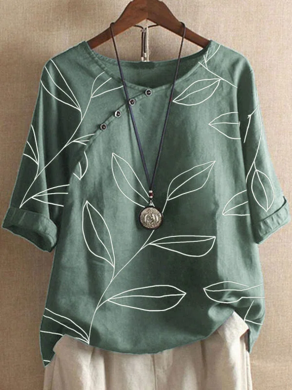 Round Neck Leaves Casual Blou...