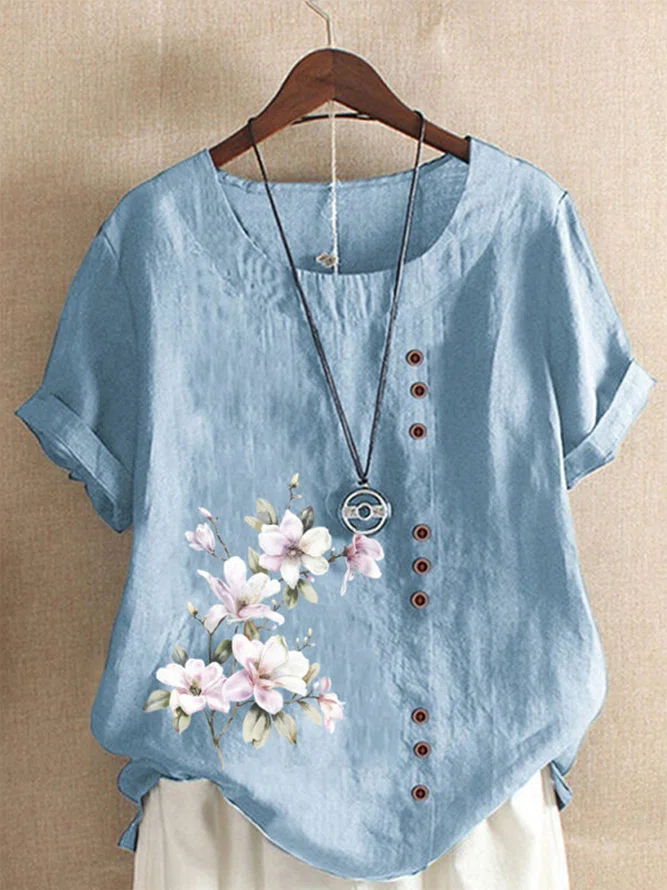 Buttoned Floral Short Sleeve ...