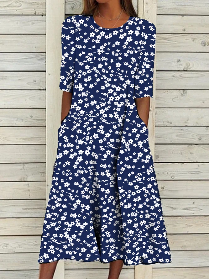 Neck Floral Casual Midi Dress...