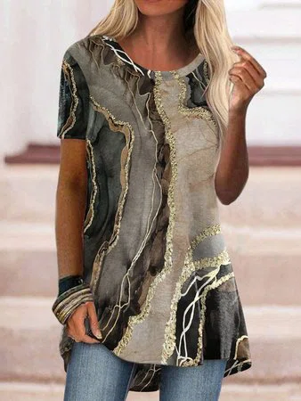 Neck Marbling Casual Tunic To...