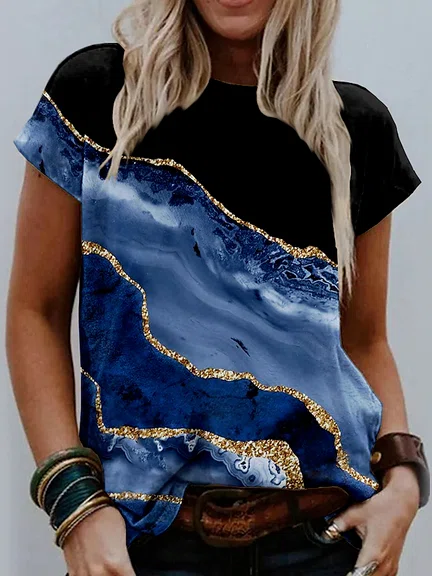 Neck Marbling Casual T-Shirt/...