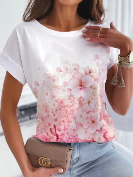 Round Neck Floral Casual T-Sh...