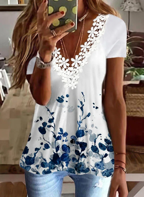 Neck Floral Lace Vacation Blo...