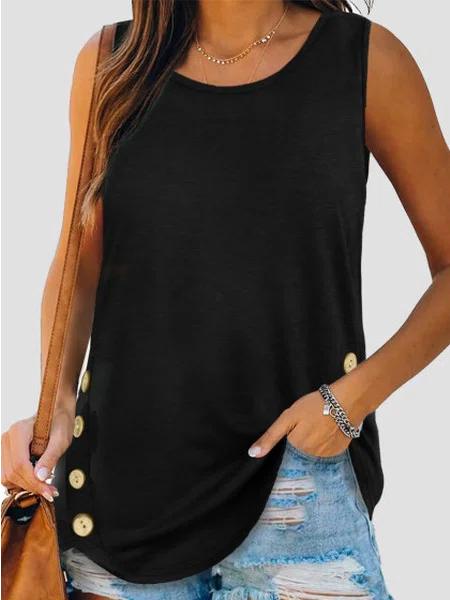 Neck Solid Buttoned Casual Ta...