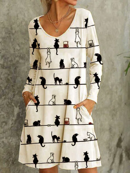 JFN V Neck Cat Casual Midi Dr...