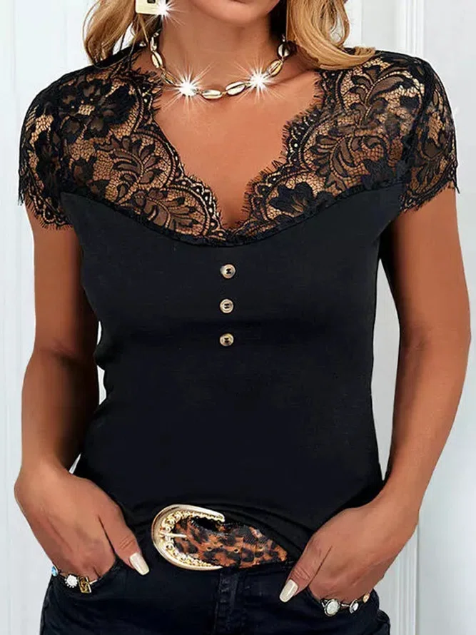 Lace Solid Buttoned Party Blo...