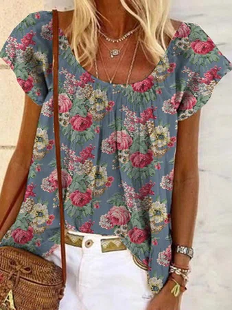 Crew Neck Loosen Short Sleeve...