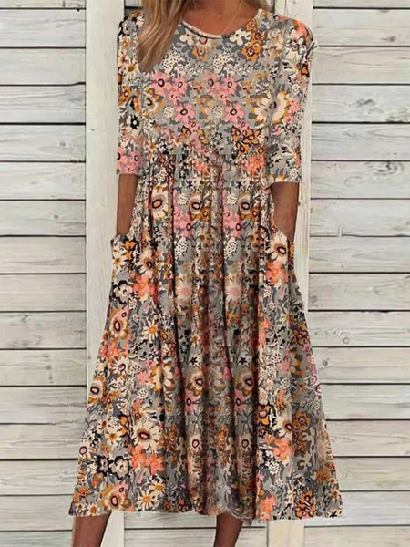 Neck Floral Casual Midi Dress...