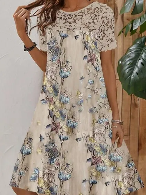 Neck Floral Casual Midi Dress...