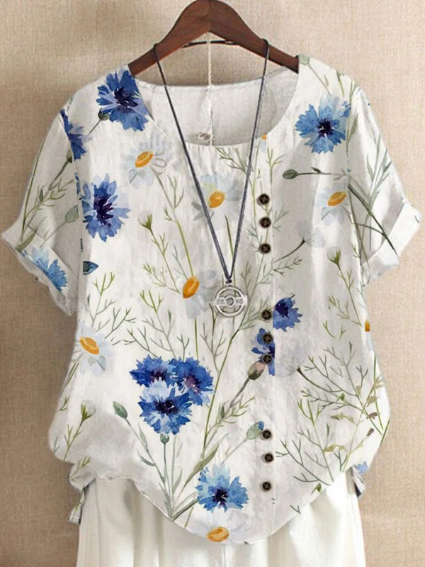 Floral Buttoned Daily T-Shirt...
