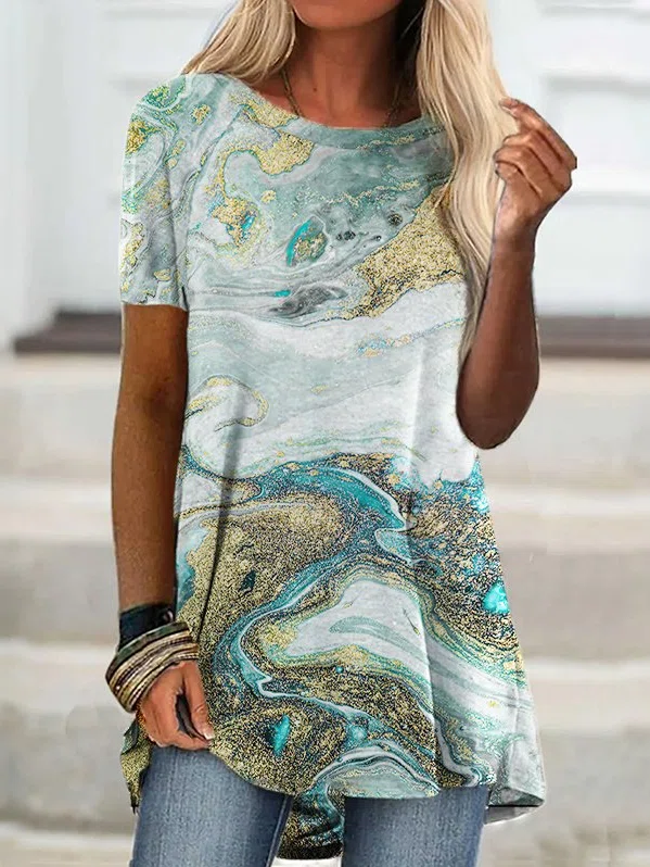 Neck Marbling Casual Tunic To...