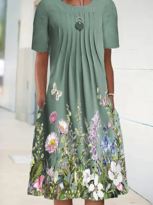Neck Floral Causal Midi Dress...