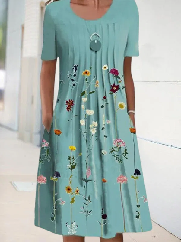 Round Neckline Midi A-line Dr...