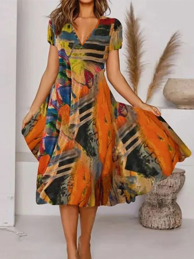 Neck Floral Vacation  Midi Dr...