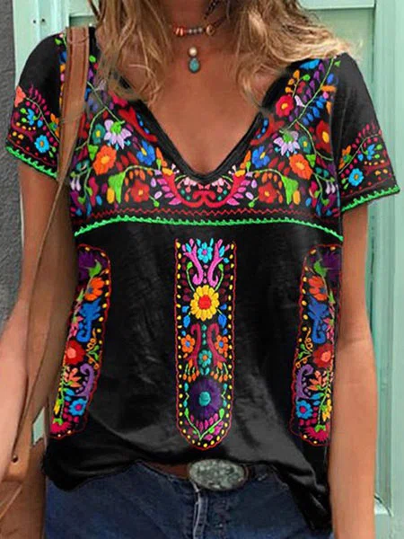 Neck Floral Casual Mexican Bl...