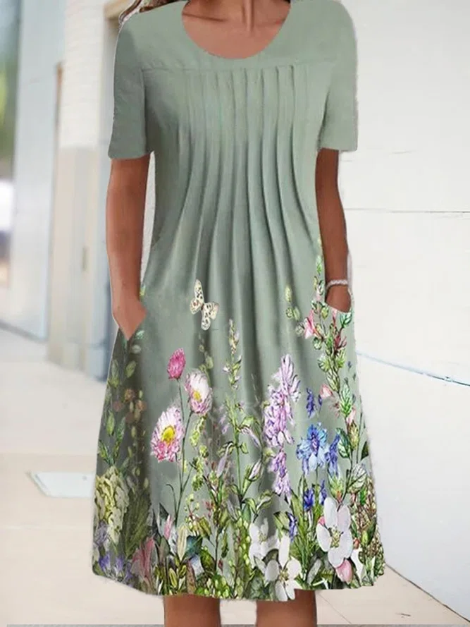 Neck Floral Causal Midi Dress...